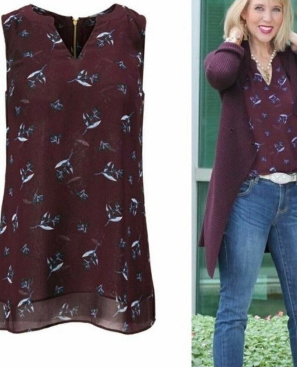 CAbi Women's Style #3444 Icy Merlot Floral Bouquet Sleeveless Blouse XS